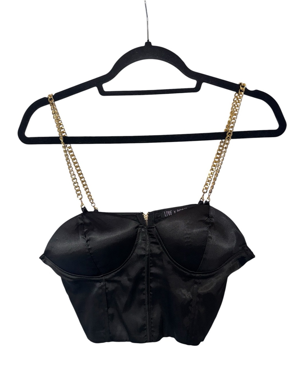 Love X Design Black Satin Bustier Crop Top with Gold Chain Straps